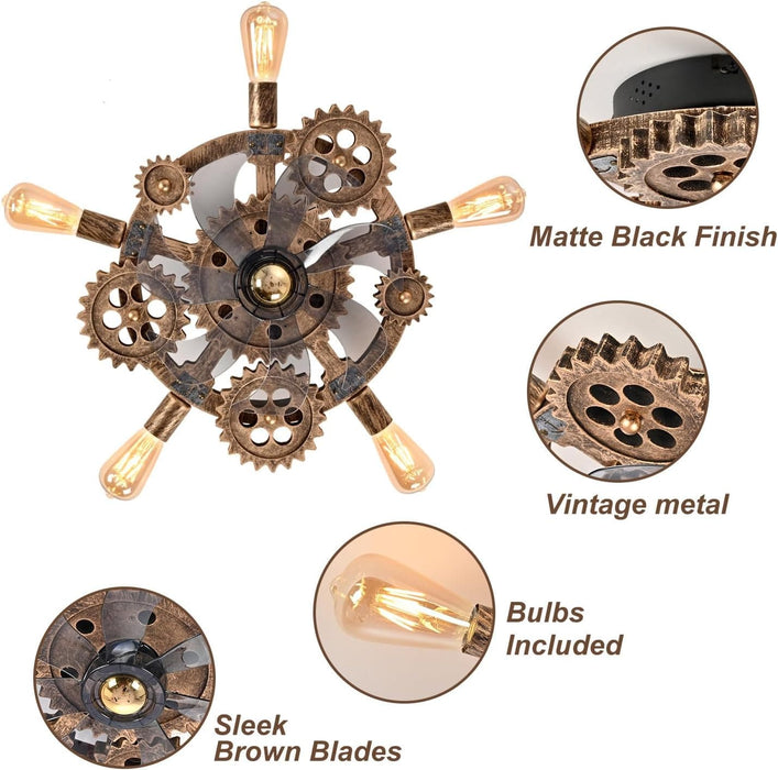 20 in. Steampunk Ceiling Fan with Lights and Remote, Low Profile Flush Mount Bladeless Ceiling Fan, Nautical Ceiling Fans for Bedroom Kitchen Bar Cafe-4-ErisView