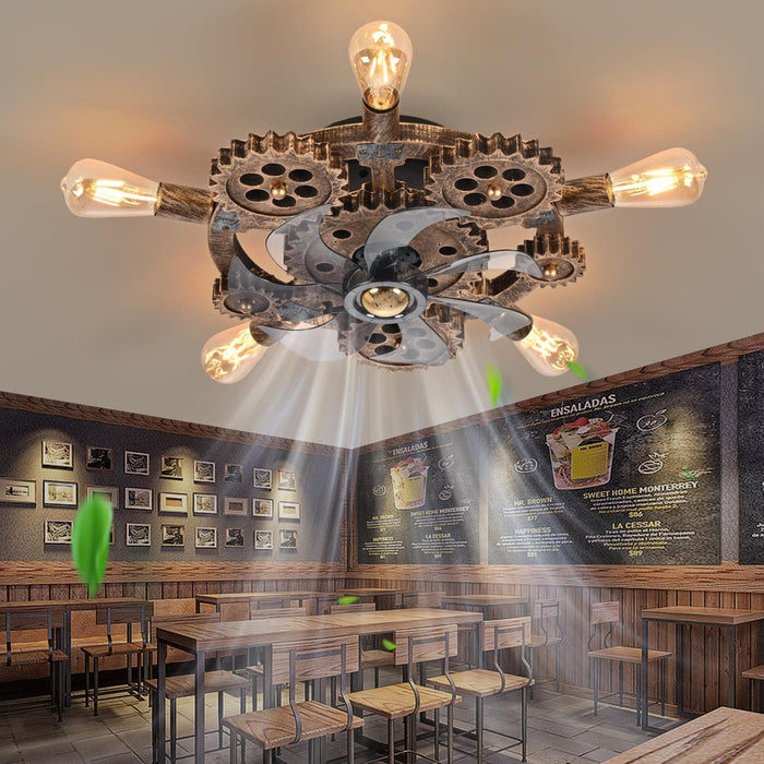 20 in. Steampunk Ceiling Fan with Lights and Remote, Low Profile Flush Mount Bladeless Ceiling Fan, Nautical Ceiling Fans for Bedroom Kitchen Bar Cafe-1-ErisView