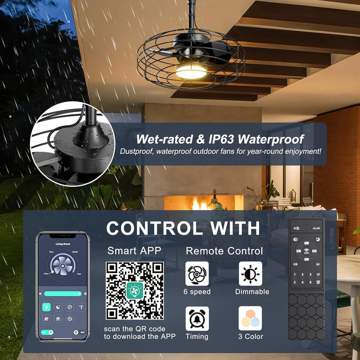 20 in. Wet Rated Outdoor Ceiling Fan, Black Outdoor Ceiling Fans with Light Remote APP Control, Dimmable Hanging Pergola Fan, Outdoor Fan for Gazebo-2-ErisView