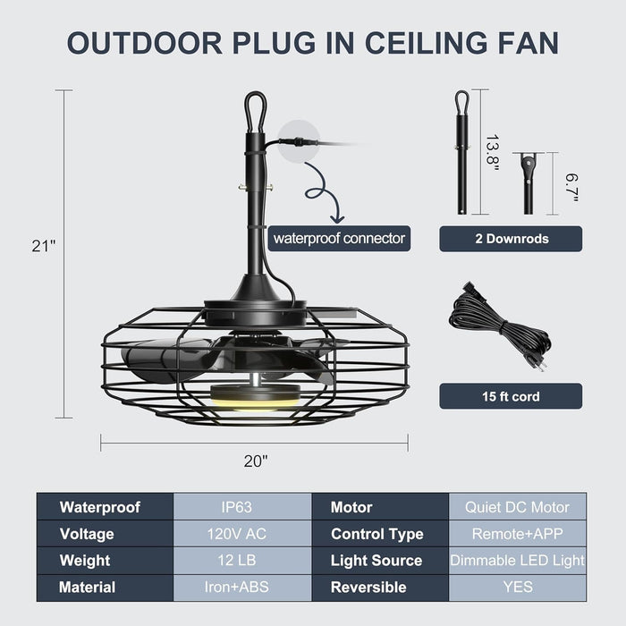 20 in. Wet Rated Outdoor Ceiling Fan, Black Outdoor Ceiling Fans with Light Remote APP Control, Dimmable Hanging Pergola Fan, Outdoor Fan for Gazebo-6-ErisView