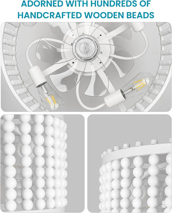 20 in. White Bladeless Boho Wood Beaded Fandelier with Light and Remote, French Country Ceiling Fans, Flush Mount Low Profile Ceiling Fan for Living Room-5-ErisView