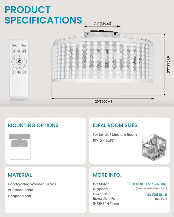 20 in. White Bladeless Boho Wood Beaded Fandelier with Light and Remote, French Country Ceiling Fans, Flush Mount Low Profile Ceiling Fan for Living Room-6-ErisView