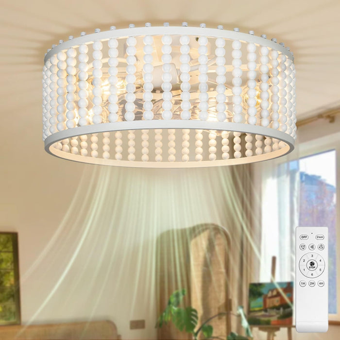 20 in. White Bladeless Boho Wood Beaded Fandelier with Light and Remote, French Country Ceiling Fans, Flush Mount Low Profile Ceiling Fan for Living Room-1-ErisView