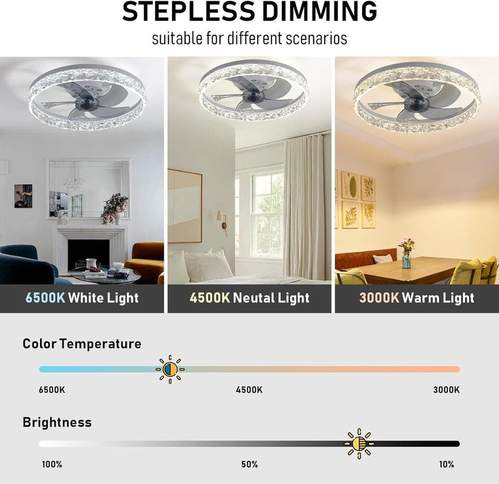 20 in. White Crystal Chandelier Fan, Modern Flush Mount Ceiling Fan with Light, Low Profile Ceiling Fandeliers for Living Room Kitchen-2-ErisView