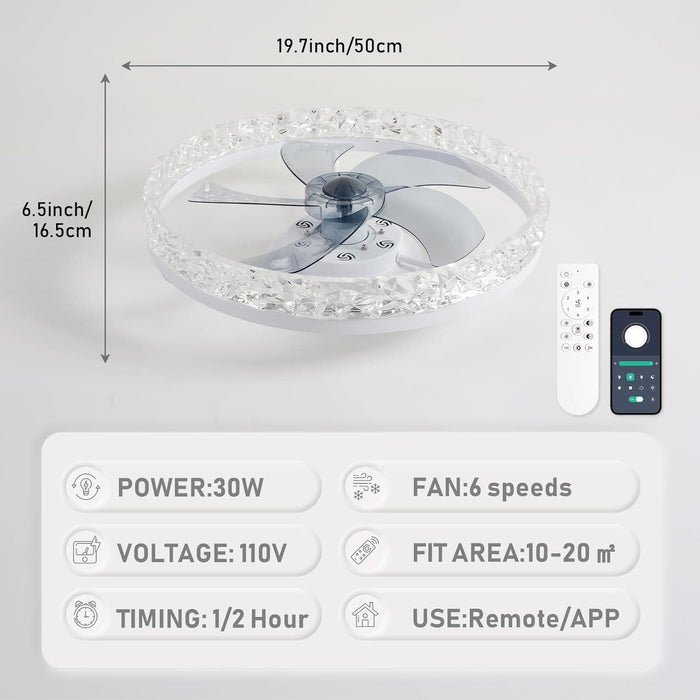 20 in. White Crystal Chandelier Fan, Modern Flush Mount Ceiling Fan with Light, Low Profile Ceiling Fandeliers for Living Room Kitchen-4-ErisView