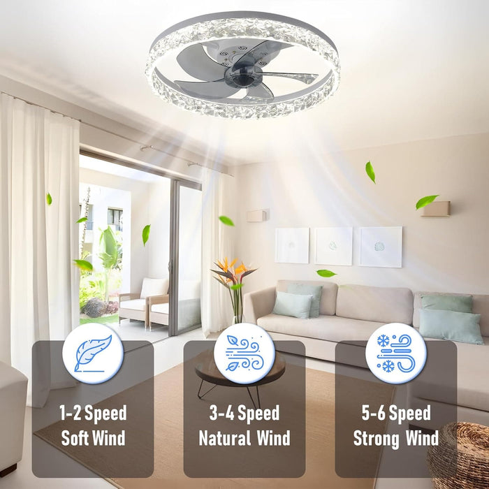 20 in. White Crystal Chandelier Fan, Modern Flush Mount Ceiling Fan with Light, Low Profile Ceiling Fandeliers for Living Room Kitchen-5-ErisView