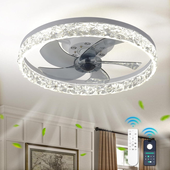20 in. White Crystal Chandelier Fan, Modern Flush Mount Ceiling Fan with Light, Low Profile Ceiling Fandeliers for Living Room Kitchen-1-ErisView