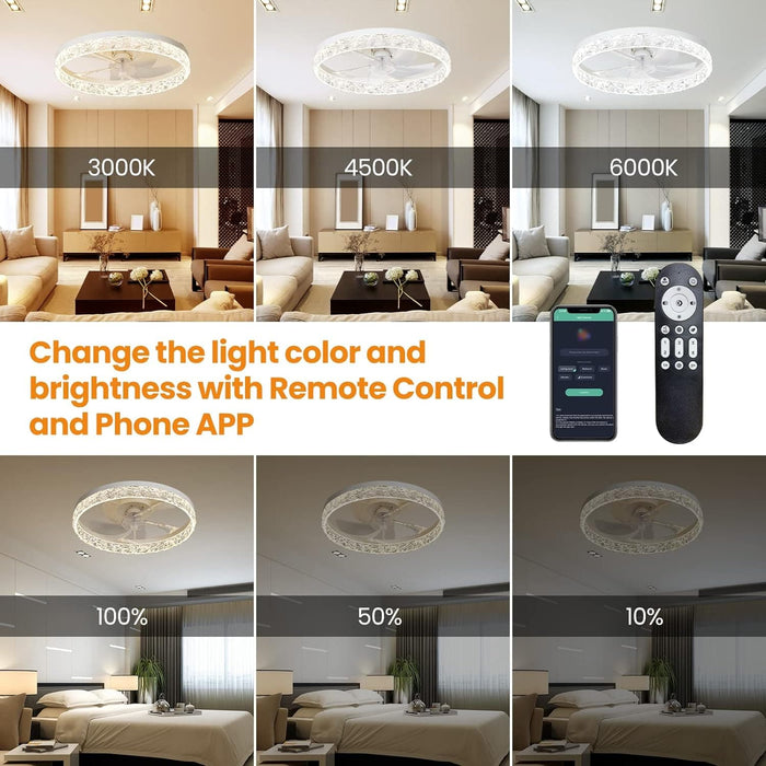 20 in. White Dimmable Fandelier with Remote Control, Ceiling Fan on Low Ceiling with Light, Reversible Flush Mount Bladeless Ceiling Fan-2-ErisView