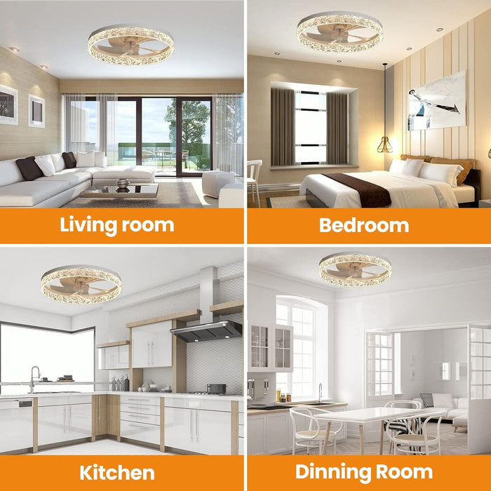 20 in. White Dimmable Fandelier with Remote Control, Ceiling Fan on Low Ceiling with Light, Reversible Flush Mount Bladeless Ceiling Fan-6-ErisView