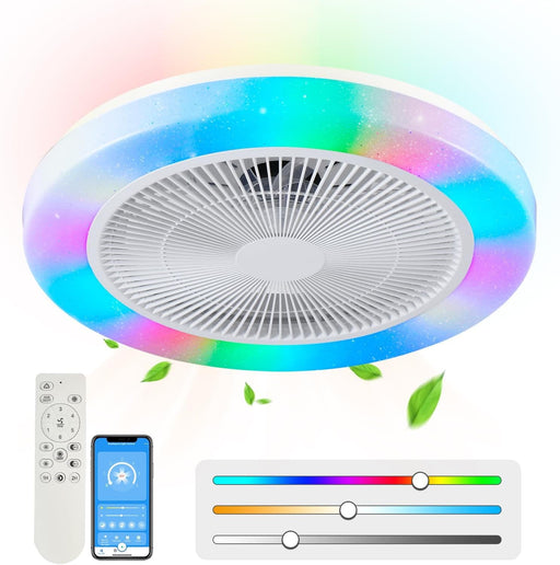 20 in. White Flush Mount Ceiling Fan with Low Profile Light and Remote, RGB Dimmable LED Enclosed Ceiling Fan for Bedroom Kids Room Party Living Room -1-ErisView