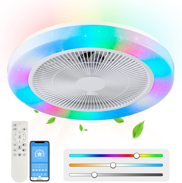 20 in. White Flush Mount Ceiling Fan with Low Profile Light and Remote, RGB Dimmable LED Enclosed Ceiling Fan for Bedroom Kids Room Party Living Room -1-ErisView