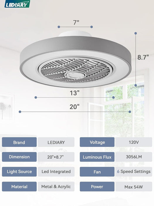20 in. White Low Profile Ceiling Fan and Light, LED Ceiling Fan without Blades, Remote Control Enclosed Ceiling Fan, Flush Mount Ceiling Fan with Timer-13-ErisView