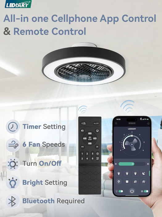 20 in. White Low Profile Ceiling Fan and Light, LED Ceiling Fan without Blades, Remote Control Enclosed Ceiling Fan, Flush Mount Ceiling Fan with Timer-19-ErisView