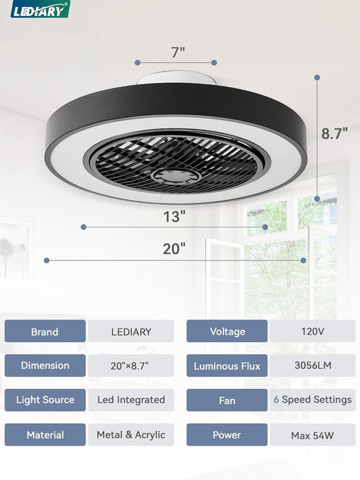 20 in. White Low Profile Ceiling Fan and Light, LED Ceiling Fan without Blades, Remote Control Enclosed Ceiling Fan, Flush Mount Ceiling Fan with Timer-20-ErisView