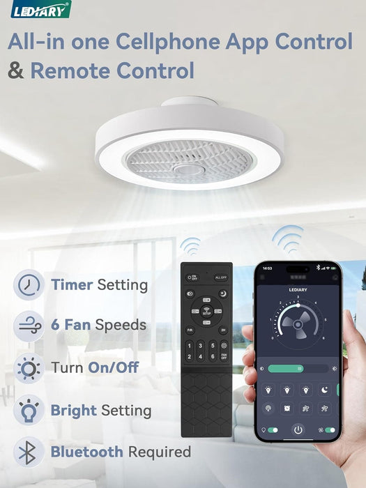20 in. White Low Profile Ceiling Fan and Light, LED Ceiling Fan without Blades, Remote Control Enclosed Ceiling Fan, Flush Mount Ceiling Fan with Timer-5-ErisView