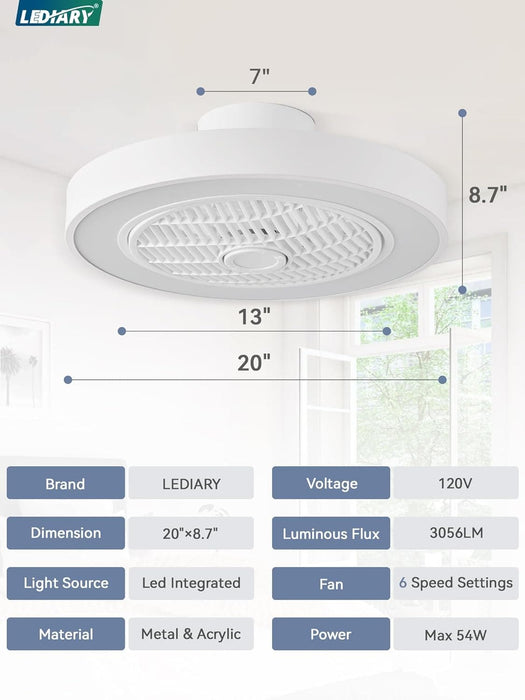 20 in. White Low Profile Ceiling Fan and Light, LED Ceiling Fan without Blades, Remote Control Enclosed Ceiling Fan, Flush Mount Ceiling Fan with Timer-6-ErisView