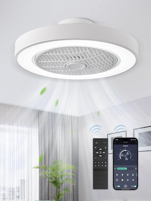 20 in. White Low Profile Ceiling Fan and Light, LED Ceiling Fan without Blades, Remote Control Enclosed Ceiling Fan, Flush Mount Ceiling Fan with Timer-1-ErisView
