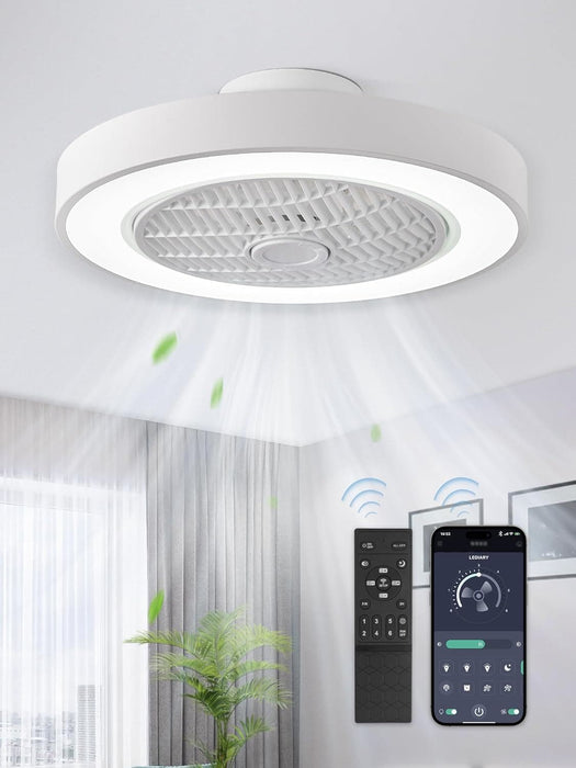 20 in. White Low Profile Ceiling Fan and Light, LED Ceiling Fan without Blades, Remote Control Enclosed Ceiling Fan, Flush Mount Ceiling Fan with Timer-1-ErisView