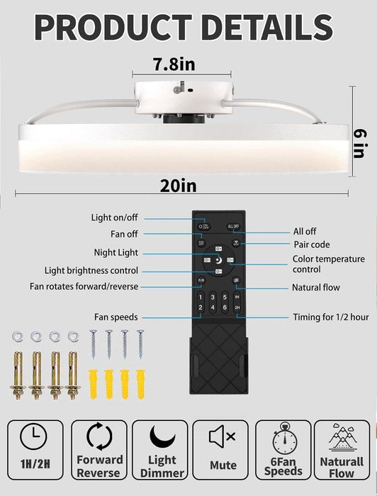 20 in. White Low Profile Ceiling Fan with Light and Remote, Flush Mount LED Ceiling Fan with 5 Reversible Blades-7-ErisView
