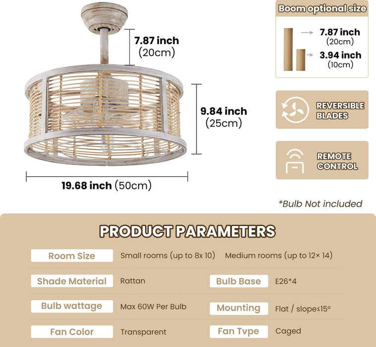 20 in. White Rattan Caged Ceiling Fan with Light, Boho Fandelier Ceiling Fan with Remote, Enclosed Ceiling Fan for Kitchen Dining Room-3-ErisView