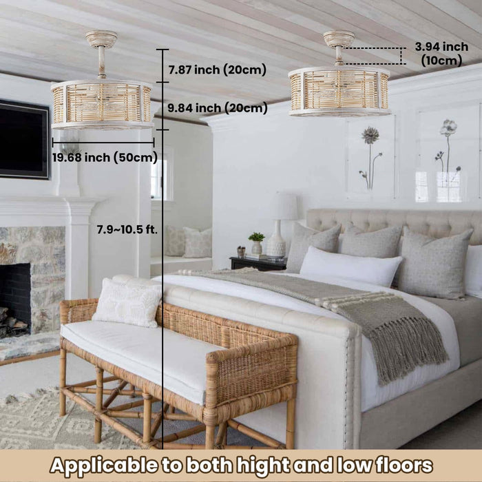 20 in. White Rattan Caged Ceiling Fan with Light, Boho Fandelier Ceiling Fan with Remote, Enclosed Ceiling Fan for Kitchen Dining Room-7-ErisView