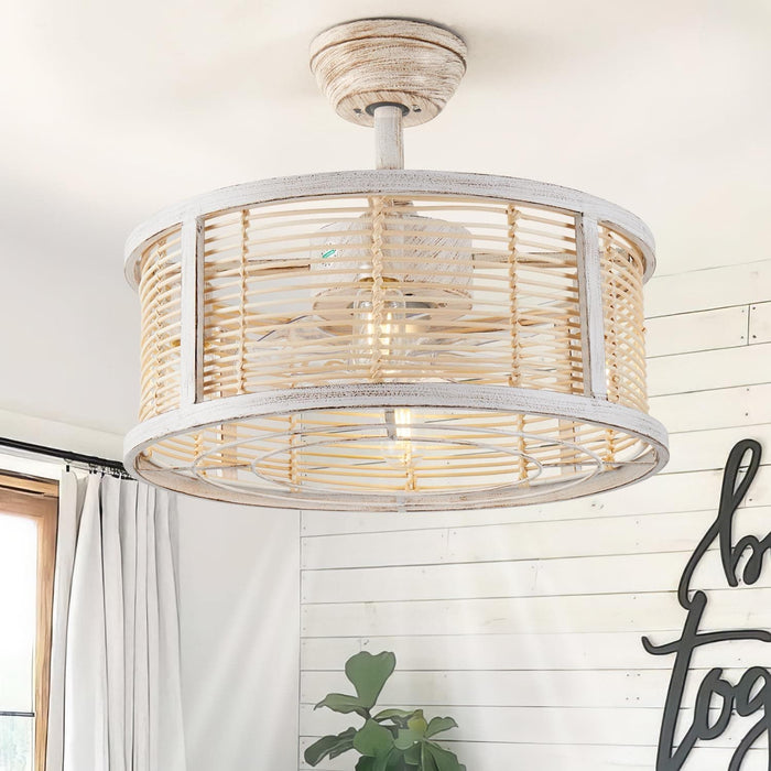 20 in. White Rattan Caged Ceiling Fan with Light, Boho Fandelier Ceiling Fan with Remote, Enclosed Ceiling Fan for Kitchen Dining Room-1-ErisView