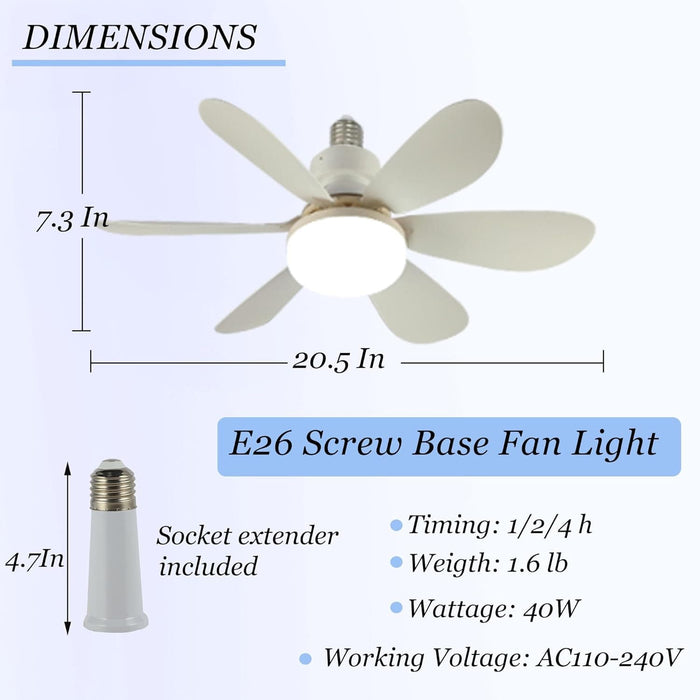 20 in. White Small Screw In Ceiling Fan Light, Dimmable LED Fan Light with Remote Control-3-ErisView