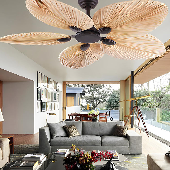 DC Motor Variable Frequency 5-Leaf Palm Leaf Ceiling Fan, Dimmable LED Light, Remote Control for Living Room/Dining Room/Bedroom