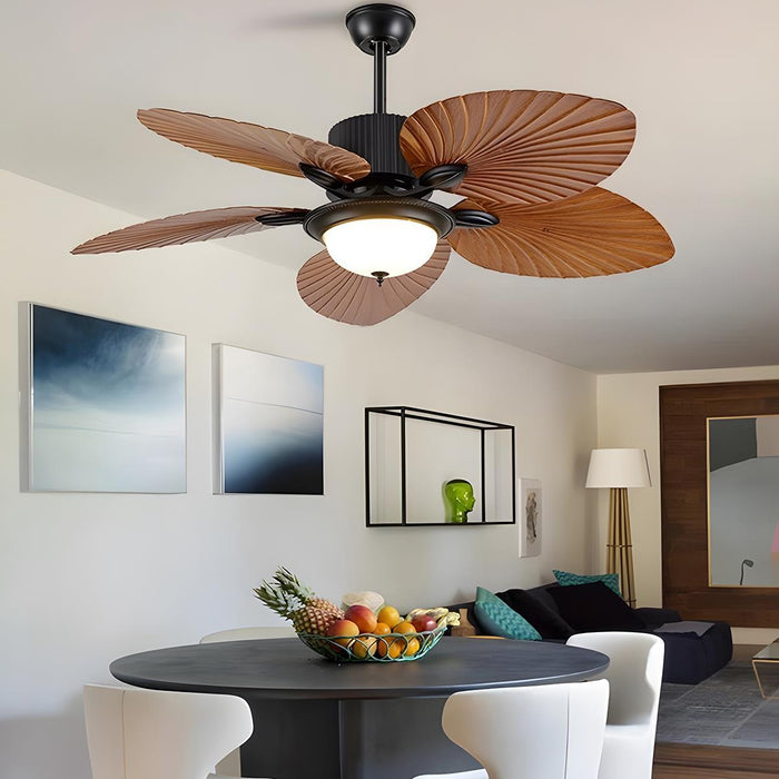 DC Motor Variable Frequency 5-Leaf Palm Leaf Ceiling Fan, Dimmable LED Light, Remote Control for Living Room/Dining Room/Bedroom