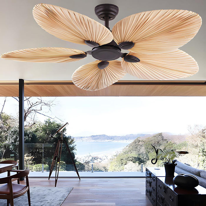 DC Motor Variable Frequency 5-Leaf Palm Leaf Ceiling Fan, Dimmable LED Light, Remote Control for Living Room/Dining Room/Bedroom