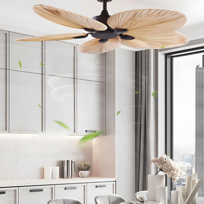 DC Motor Variable Frequency 5-Leaf Palm Leaf Ceiling Fan, Dimmable LED Light, Remote Control for Living Room/Dining Room/Bedroom