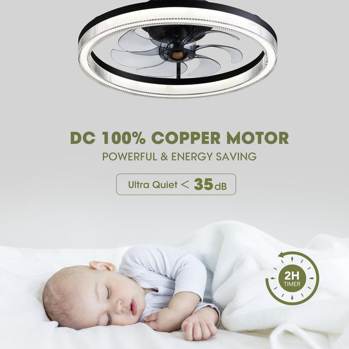20 in. Black Remote Control Ceiling Fan and Light, Dimmable Semi Flush Mount Low Profile Ceiling Fan, Smart Invisible Reversible Modern Ceiling Fan