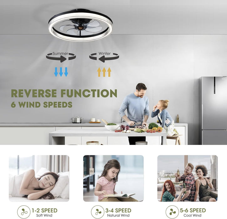 20 in. Black Remote Control Ceiling Fan and Light, Dimmable Semi Flush Mount Low Profile Ceiling Fan, Smart Invisible Reversible Modern Ceiling Fan
