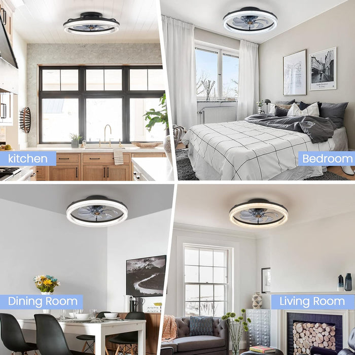 20 in. Black Remote Control Ceiling Fan and Light, Dimmable Semi Flush Mount Low Profile Ceiling Fan, Smart Invisible Reversible Modern Ceiling Fan