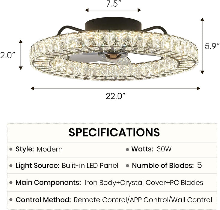 20 in. Black Remote Control Ceiling Fan and Light, Dimmable Semi Flush Mount Low Profile Ceiling Fan, Smart Invisible Reversible Modern Ceiling Fan