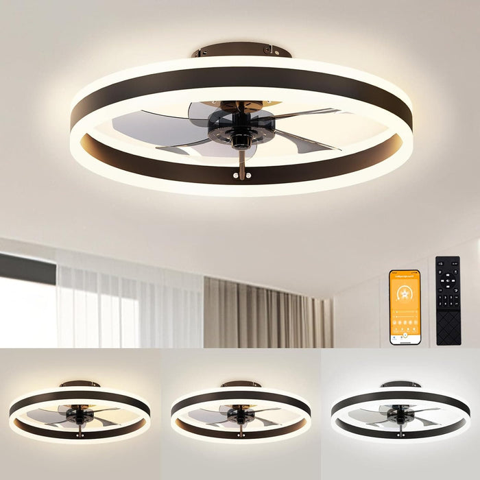 20 in. Flush Mount Ceiling Fandelier for Bedroom, White Low Profile Bladeless Ceiling Fan with Light and Remote