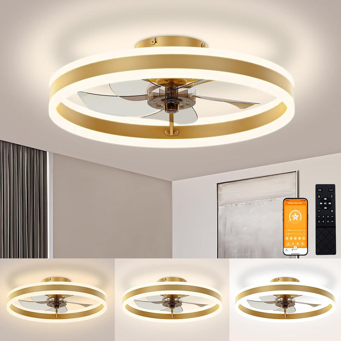 20 in. Flush Mount Ceiling Fandelier for Bedroom, White Low Profile Bladeless Ceiling Fan with Light and Remote