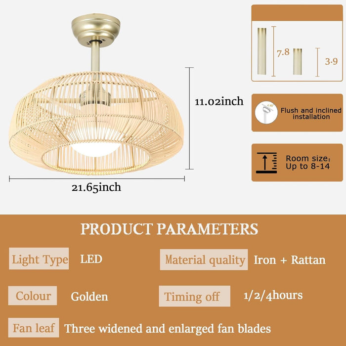 21 in. Boho Caged Ceiling Fan with Light and Remote Control, Flush Mount Low Noise Energy Saving Ceiling Fans, Bedroom Ceiling Fans Living Room Fan-5-ErisView
