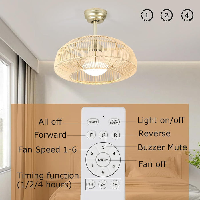 21 in. Boho Caged Ceiling Fan with Light and Remote Control, Flush Mount Low Noise Energy Saving Ceiling Fans, Bedroom Ceiling Fans Living Room Fan-6-ErisView