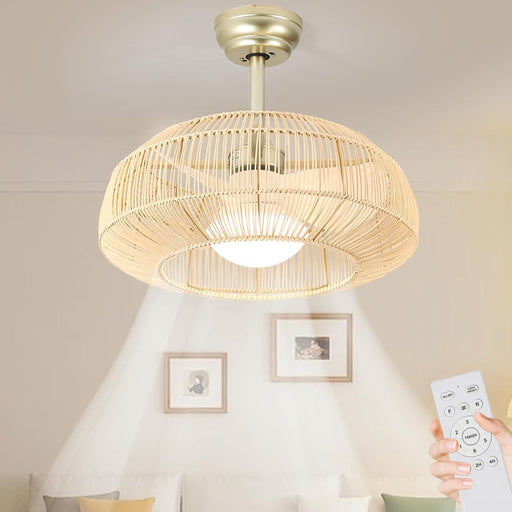 21 in. Boho Caged Ceiling Fan with Light and Remote Control, Flush Mount Low Noise Energy Saving Ceiling Fans, Bedroom Ceiling Fans Living Room Fan-1-ErisView