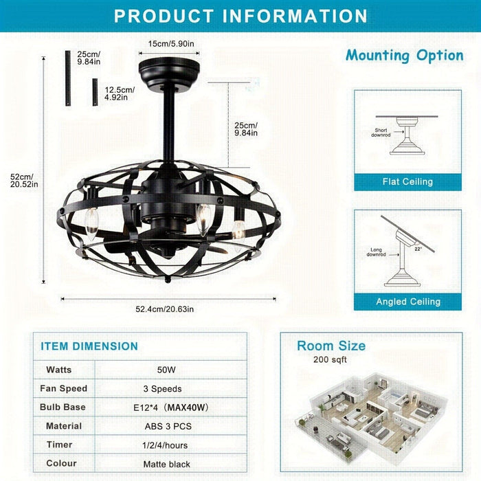 21 in. Industrial Caged Ceiling Fan with Light Kit Remote, Bladeless Ceiling Fan with Lights for Living Room Bedroom Kitchen-ErisView