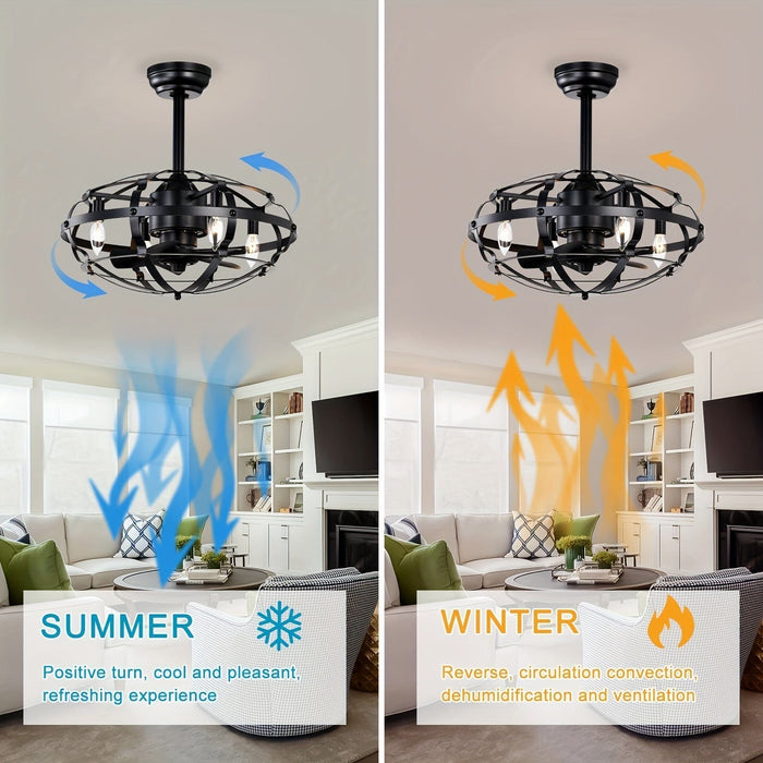 21 in. Industrial Caged Ceiling Fan with Light Kit Remote, Bladeless Ceiling Fan with Lights for Living Room Bedroom Kitchen-ErisView