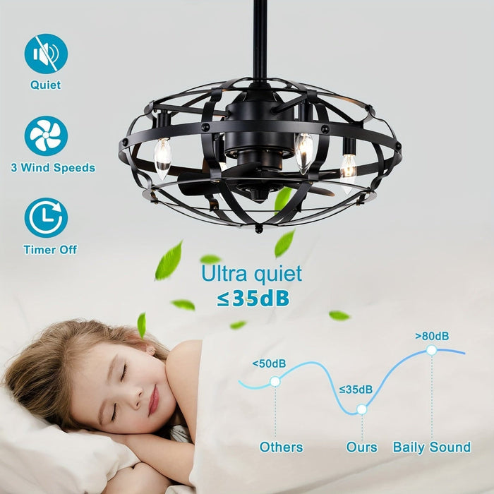 21 in. Industrial Caged Ceiling Fan with Light Kit Remote, Bladeless Ceiling Fan with Lights for Living Room Bedroom Kitchen-ErisView