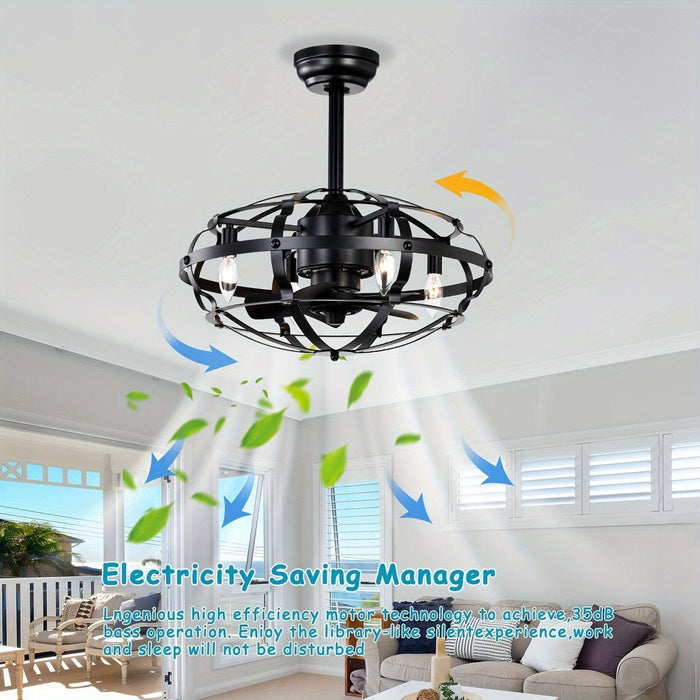21 in. Industrial Caged Ceiling Fan with Light Kit Remote, Bladeless Ceiling Fan with Lights for Living Room Bedroom Kitchen-ErisView