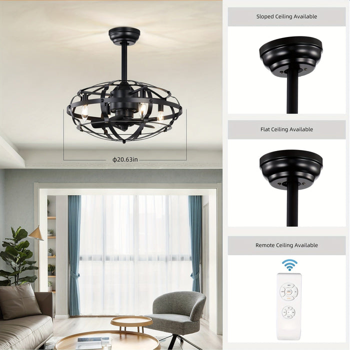 21 in. Industrial Caged Ceiling Fan with Light Kit Remote, Bladeless Ceiling Fan with Lights for Living Room Bedroom Kitchen-ErisView