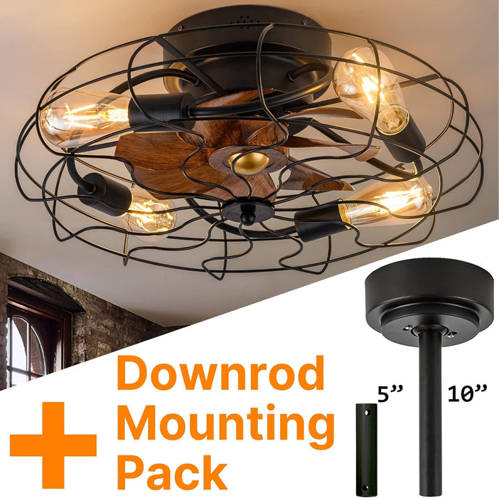 21 in. Low Profile Caged Ceiling Fan with Light Remote, Bladeless Farmhouse Industrial Ceiling Fan, Small Black Ceiling Light Fixture for Bedroom-10-ErisView