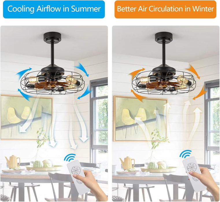 21 in. Low Profile Caged Ceiling Fan with Light Remote, Bladeless Farmhouse Industrial Ceiling Fan, Small Black Ceiling Light Fixture for Bedroom-11-ErisView