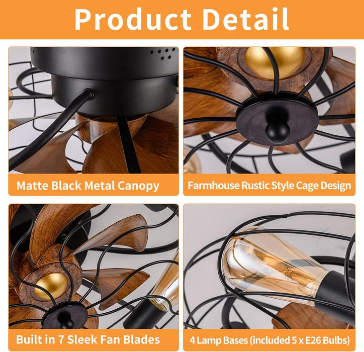 21 in. Low Profile Caged Ceiling Fan with Light Remote, Bladeless Farmhouse Industrial Ceiling Fan, Small Black Ceiling Light Fixture for Bedroom-12-ErisView