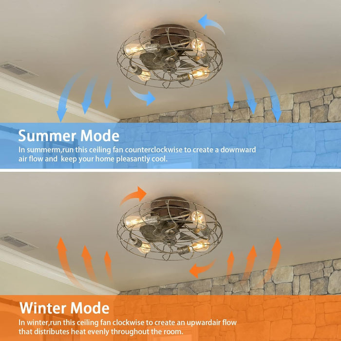 21 in. Low Profile Caged Ceiling Fan with Light Remote, Bladeless Farmhouse Industrial Ceiling Fan, Small Black Ceiling Light Fixture for Bedroom-17-ErisView