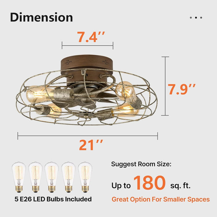 21 in. Low Profile Caged Ceiling Fan with Light Remote, Bladeless Farmhouse Industrial Ceiling Fan, Small Black Ceiling Light Fixture for Bedroom-18-ErisView